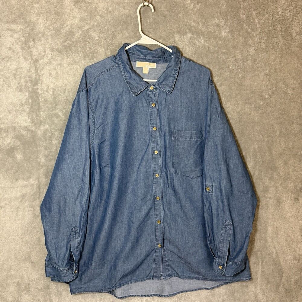 Michael Kors 3X Women Denim Chambray Gold Button Shirt Roll Tab Long Sleeve Blue